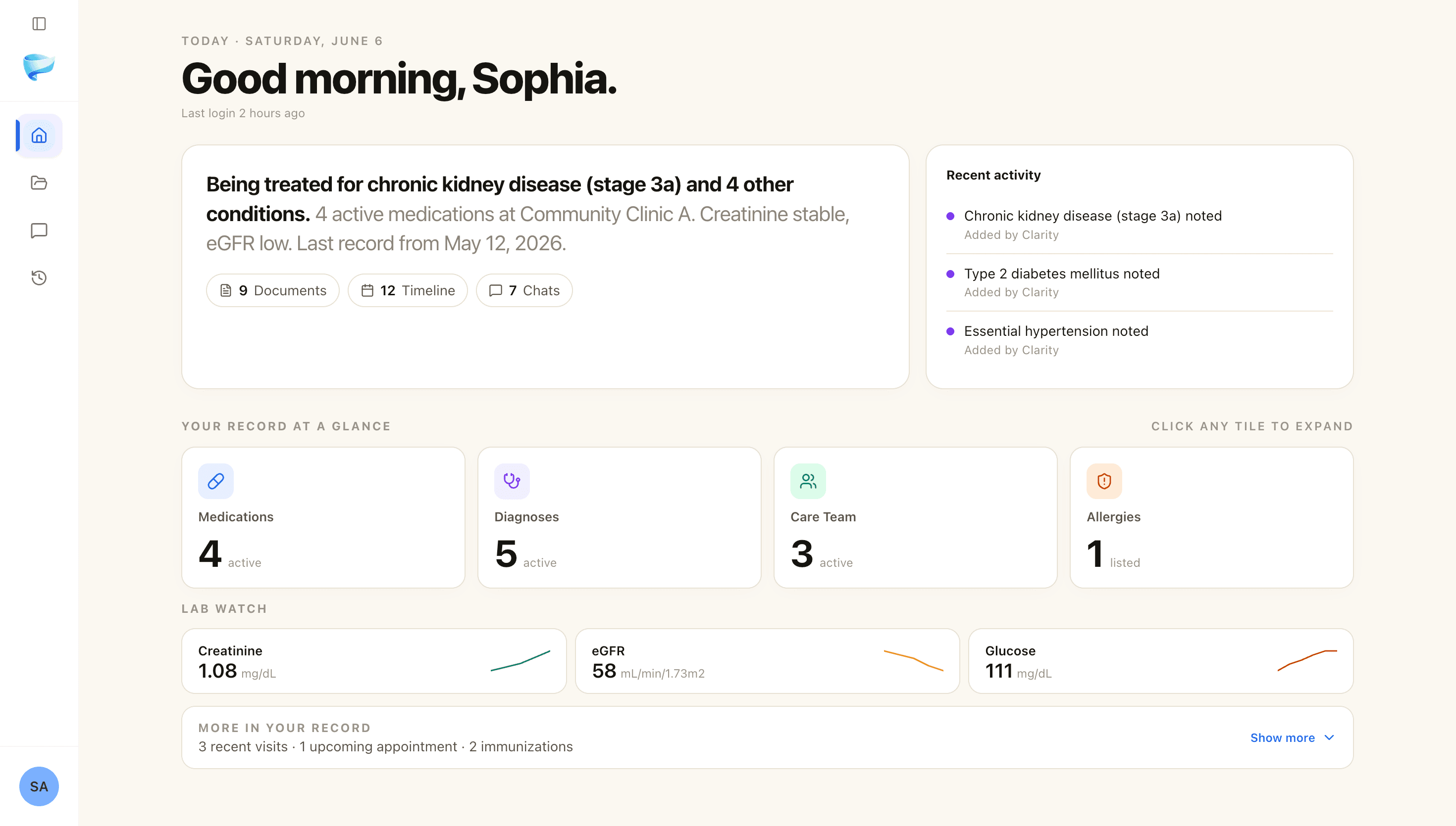 The Clearstory home dashboard: a plain-language summary of the person's conditions and medications, record-at-a-glance tiles for medications, diagnoses, care team and allergies, and Lab Watch trends for creatinine, eGFR and glucose.
